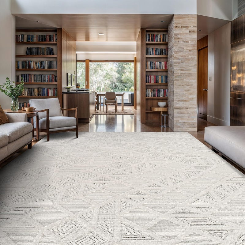 Luul Home Modern Micro Loop Indoor Area Rugs for Living Room Bedroom Kitchen Geometric Square White 5x7 Luxury Durable Low and High Pile Non-Shedding Stain Resistant Soft Area Carpet 5 x 7 - Image 1