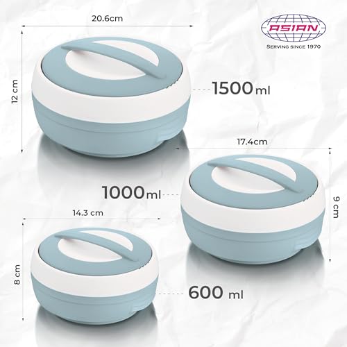 ASIAN Plastic Casserole Inner Stainless Steel Casserole Gift Set of 3 (600 ml, 1000 ml, 1500 ml), (Pestal Blue) | PU Insulated | BPA Free | Food Grade | Hot & Cold | Easy to Carry - Image 3