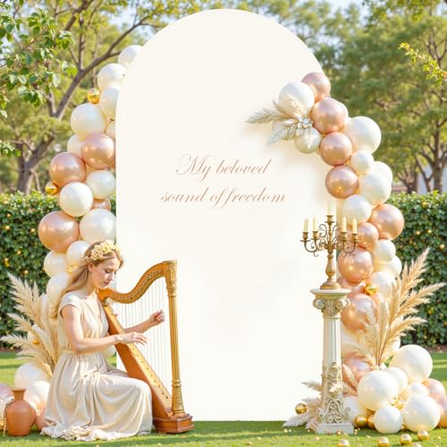 PARTISKY Beige Arch Backdrop Covers, 6.6FT Polyester Fitted Wedding Arch Stand Cover Round Top Chiara Stretchy Arch Backdrop Cover for Birthday Party Ceremony Banquet Decoration - Image 3