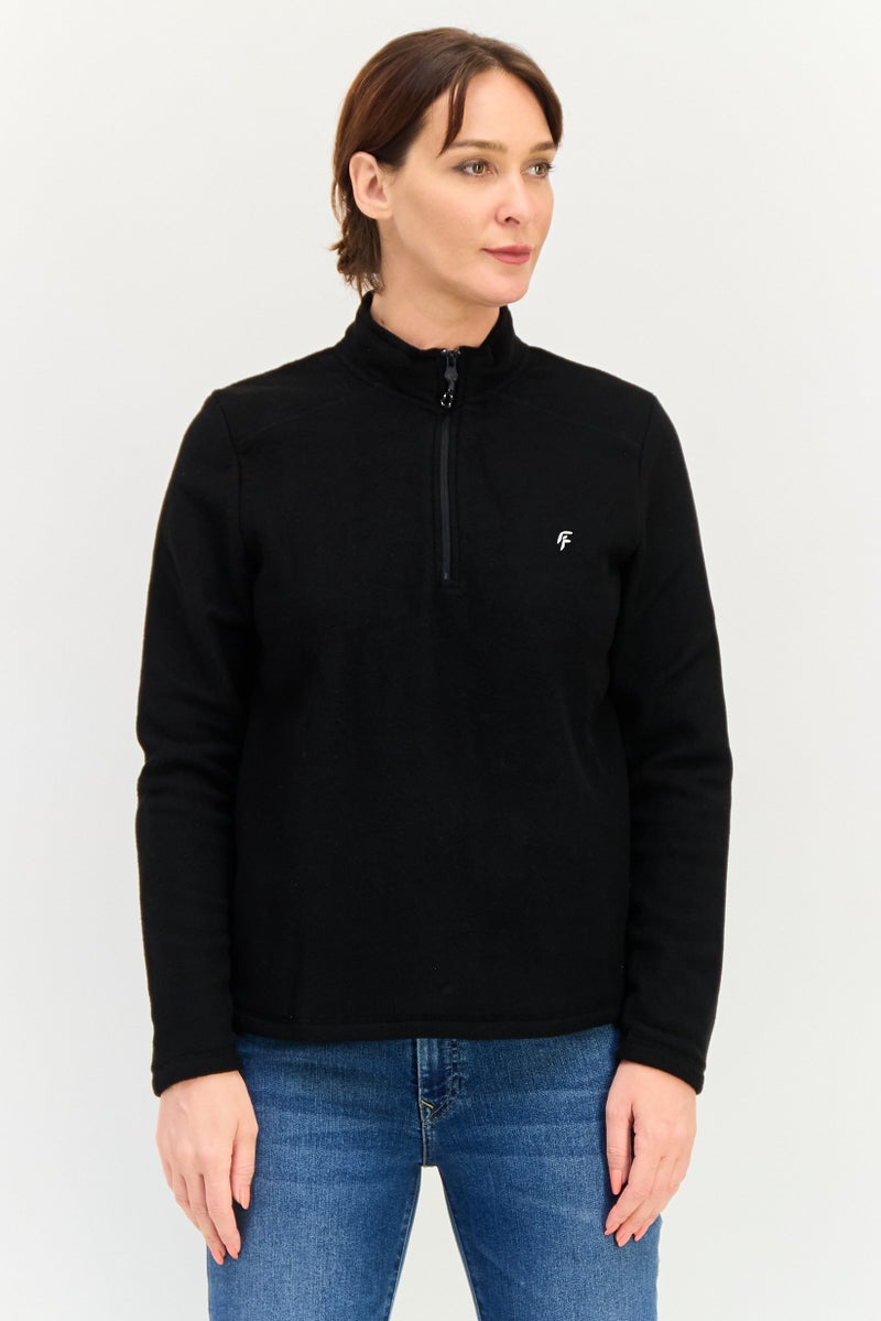 DeFacto Women Mock Neck Long Sleeve Embroidered Logo Sweatshirt, Black - Image 1