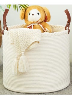 KAKAMAY KAKAMAY Large Blanket Basket 18x16Woven Baby Laundry HamperCotton Rope Blanket Basket for Nursery Laundry Living Room Pillows Baby Toy chest with Leather Handles White  - Image 1