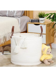 KAKAMAY KAKAMAY Large Blanket Basket 18x16Woven Baby Laundry HamperCotton Rope Blanket Basket for Nursery Laundry Living Room Pillows Baby Toy chest with Leather Handles White  - Image 4