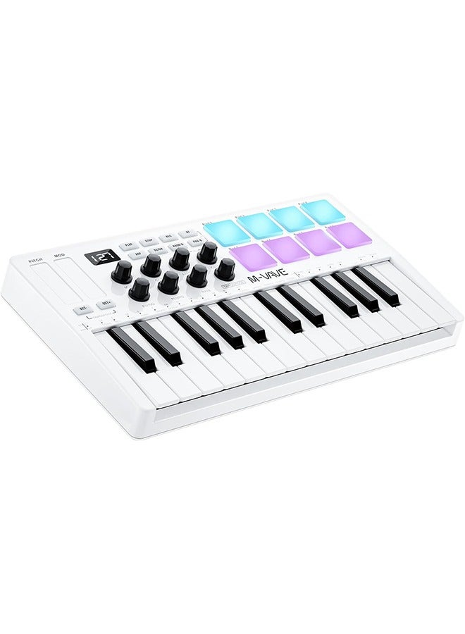 ام- فيفي M-WAVE لوحة مفاتيح MIDI USB 25 مفتاحًا مع 8 وسادات درام مضاءة، بلوتوث مع مفاتيح ديناميكية نصف وزن احترافية، 8 أزرار، وإنتاج موسيقي، برنامج مضمن (أبيض) - Image 1