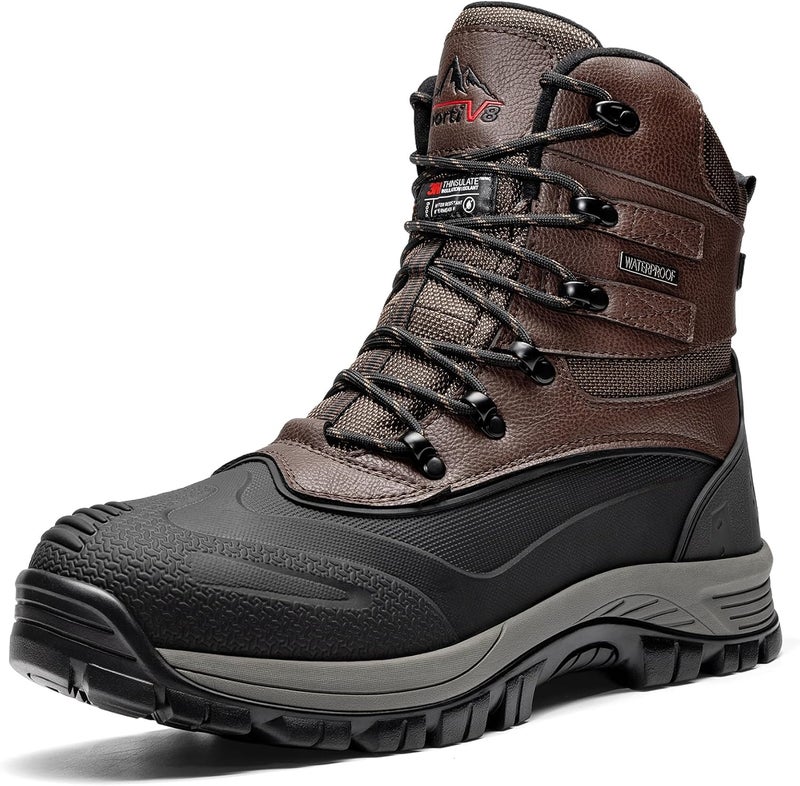 NORTIV 8 Men's Insulated Waterproof Construction Hiking Boots - Dark Brown/Black - Image 1