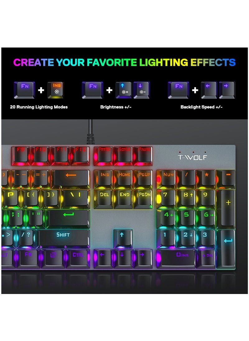 T-WOLF - Wired Mechanical Keyboard With 104 Keys Ultra Slim Rgb Backlit For Gaming And Office - Image 1