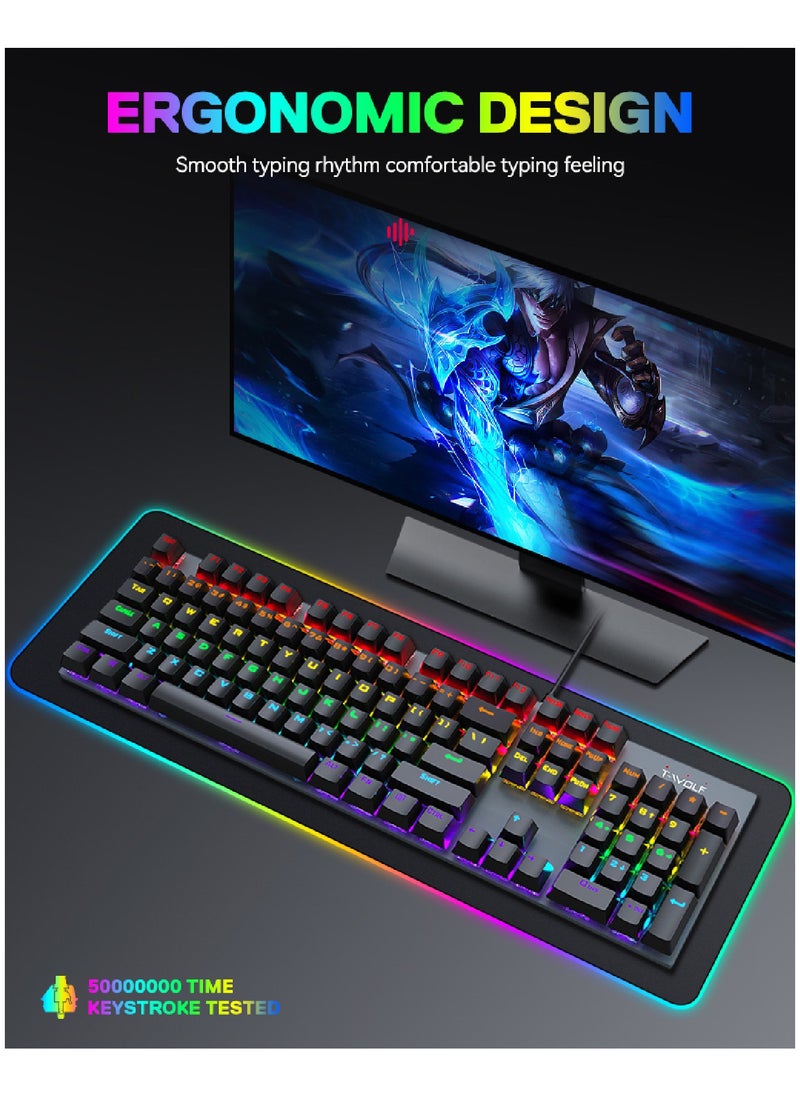 T-WOLF Wired Mechanical Keyboard With 104 Keys Ultra Slim Rgb Backlit For Gaming And Office  - Image 5