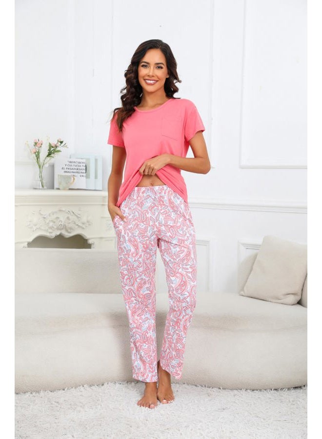 PNAEONG Womens Pajama Sets Cotton Lounge Sets for Women Short Sleeve Top With Pants 2 Piece pj sets With Pocket C Pink Paisley,L - Image 2