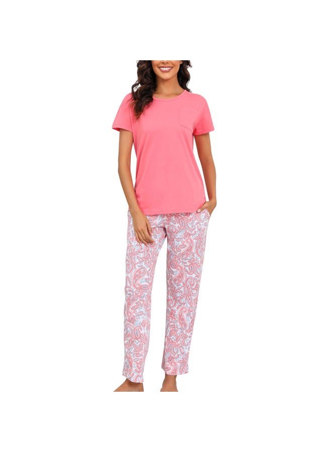 PNAEONG Womens Pajama Sets Cotton Lounge Sets for Women Short Sleeve Top With Pants 2 Piece pj sets With Pocket C Pink Paisley,L - Image 1