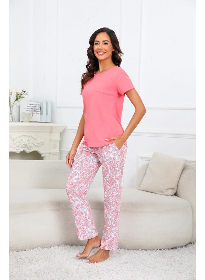 PNAEONG Womens Pajama Sets Cotton Lounge Sets for Women Short Sleeve Top With Pants 2 Piece pj sets With Pocket C Pink Paisley,L - Image 4