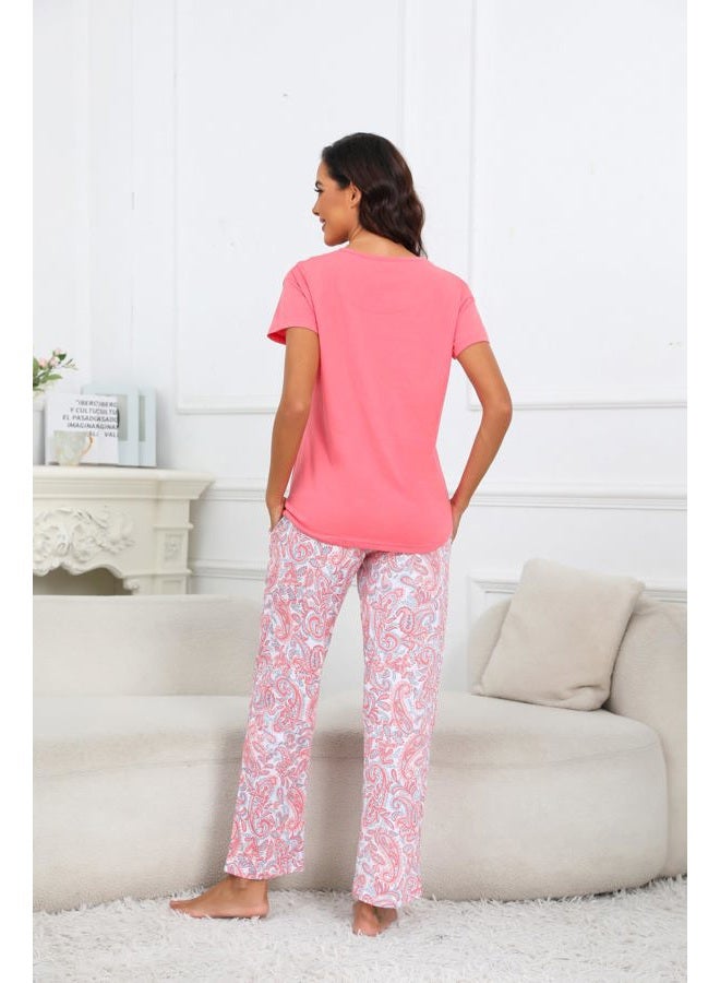 PNAEONG Womens Pajama Sets Cotton Lounge Sets for Women Short Sleeve Top With Pants 2 Piece pj sets With Pocket C Pink Paisley,L - Image 5