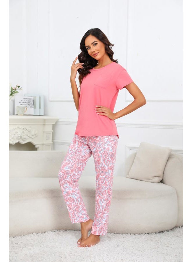 PNAEONG Womens Pajama Sets Cotton Lounge Sets for Women Short Sleeve Top With Pants 2 Piece pj sets With Pocket C Pink Paisley,L - Image 3