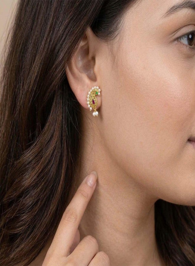 VAMA Traditional Gold Plated Antique Peacock Mor Full Kan Ear Kaan Earring Cuff Jhumka Jhumki Earrings For Women (Maharashtrian Nath Without Piercing) - Image 5