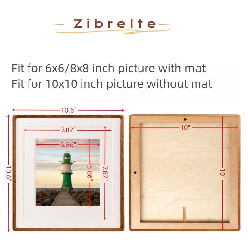 Zibrelte Natural 10x10 Picture Frame Wood with 6x6/8x8 Mat Square Wall Photo Frames 10 by 10 Made of Solid Teak Wood for Tabletop Gallery Wall Hanging - Image 3