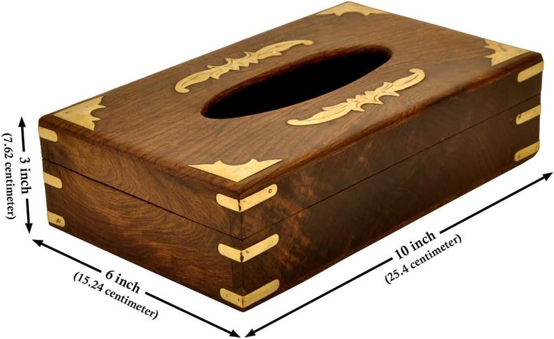 ITOS365 Handmade Wooden Tissue Box Napkin Holder Cover with Brass Inlay & Velvet Interior 10 x 6 Inches - Image 1