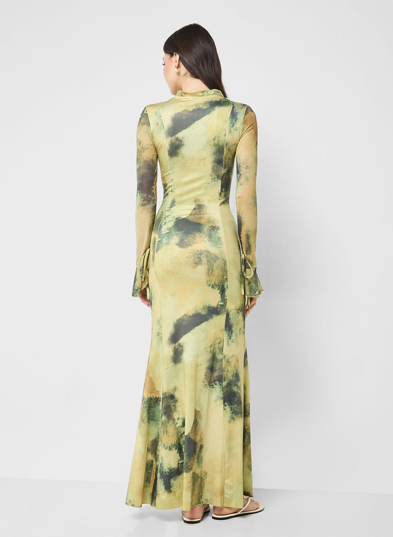 جينجر فستان ضيق بنقوش زهور ضبابية بفتحة جانبية - Image 2