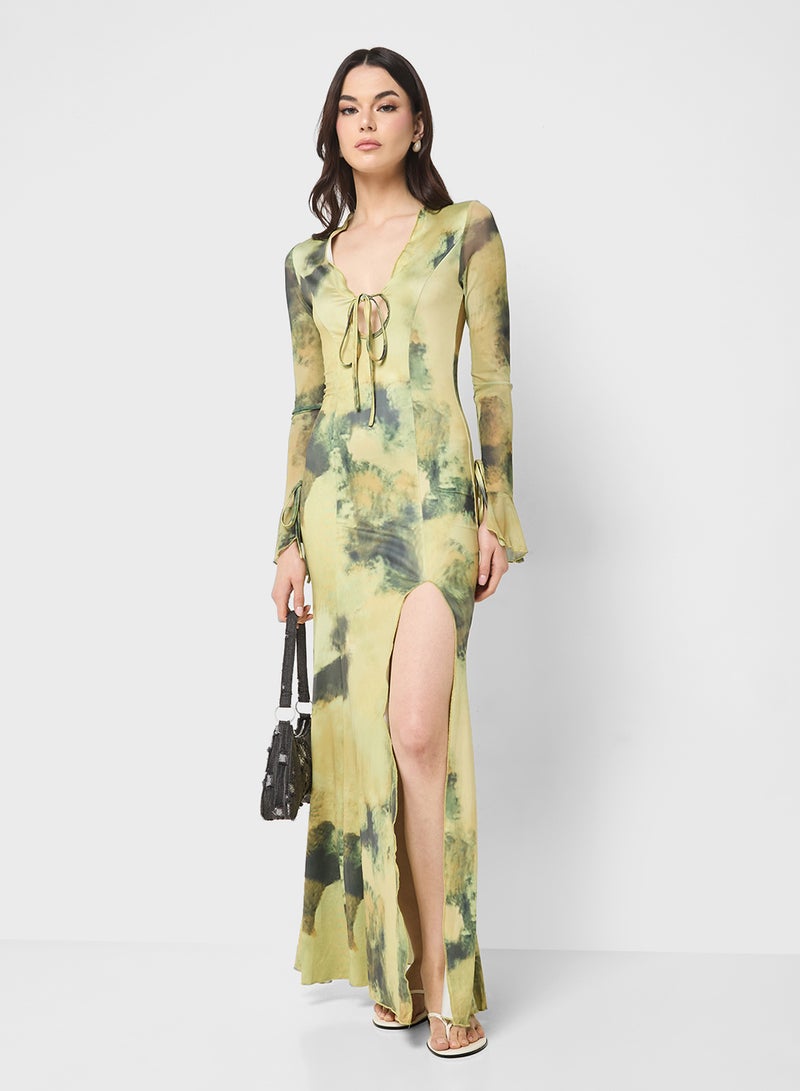 جينجر فستان ضيق بنقوش زهور ضبابية بفتحة جانبية - Image 1