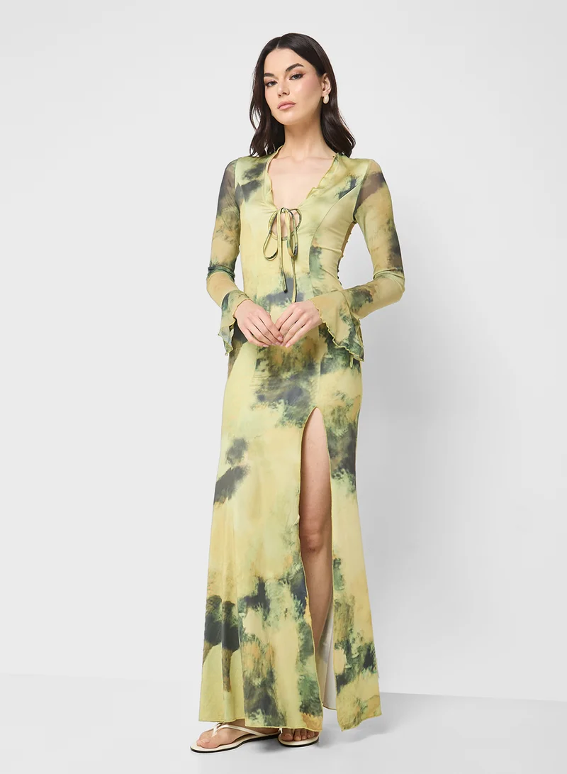 Ginger Blurred Floral Bodycon Dress With Slit