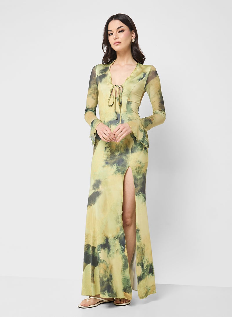 جينجر فستان ضيق بنقوش زهور ضبابية بفتحة جانبية - Image 4