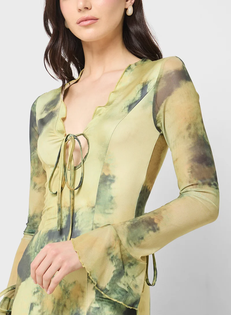 Ginger Blurred Floral Bodycon Dress With Slit