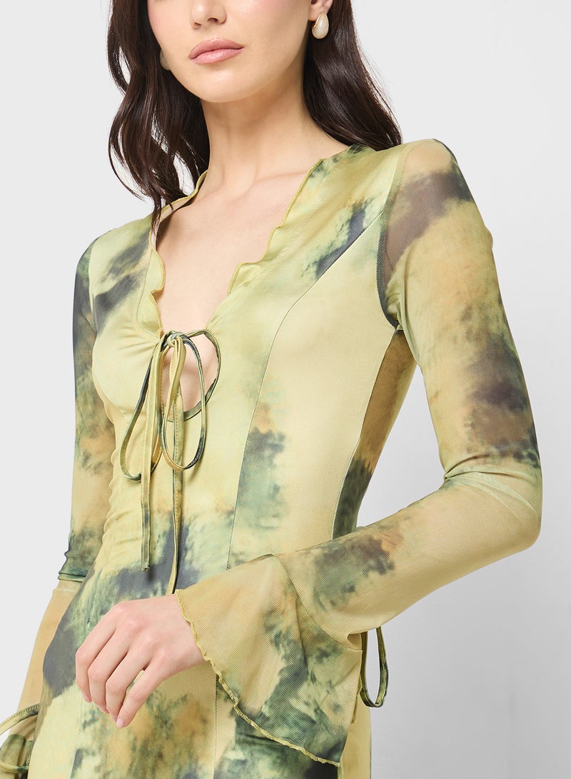 جينجر فستان ضيق بنقوش زهور ضبابية بفتحة جانبية - Image 3