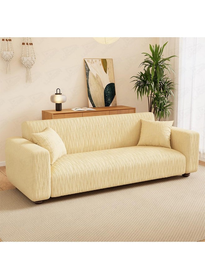 Lukzer 5 Seater Pastel Yellow Wavy Stripes Pattern Sofa Cover | 240 GSM Universal Stretch Fit 3+1+1 Jacquard Fabric Couch Protector | Fully Covered Anti Slip & Washable Sofa Cover (SC-083-05) - Image 1