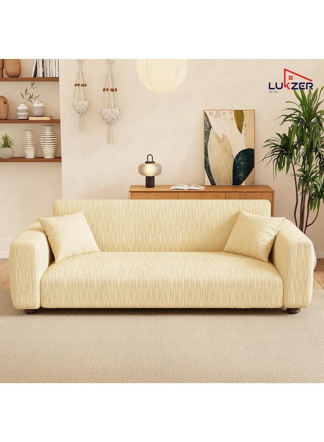 Lukzer 5 Seater Pastel Yellow Wavy Stripes Pattern Sofa Cover | 240 GSM Universal Stretch Fit 3+1+1 Jacquard Fabric Couch Protector | Fully Covered Anti Slip & Washable Sofa Cover (SC-083-05) - Image 4
