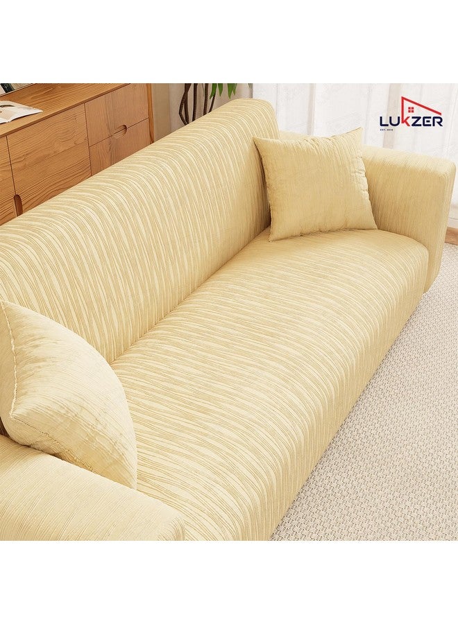 Lukzer 5 Seater Pastel Yellow Wavy Stripes Pattern Sofa Cover | 240 GSM Universal Stretch Fit 3+1+1 Jacquard Fabric Couch Protector | Fully Covered Anti Slip & Washable Sofa Cover (SC-083-05) - Image 3