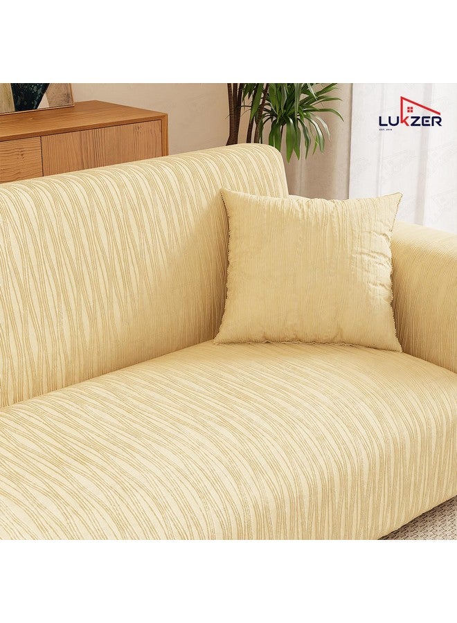 Lukzer 5 Seater Pastel Yellow Wavy Stripes Pattern Sofa Cover | 240 GSM Universal Stretch Fit 3+1+1 Jacquard Fabric Couch Protector | Fully Covered Anti Slip & Washable Sofa Cover (SC-083-05) - Image 5