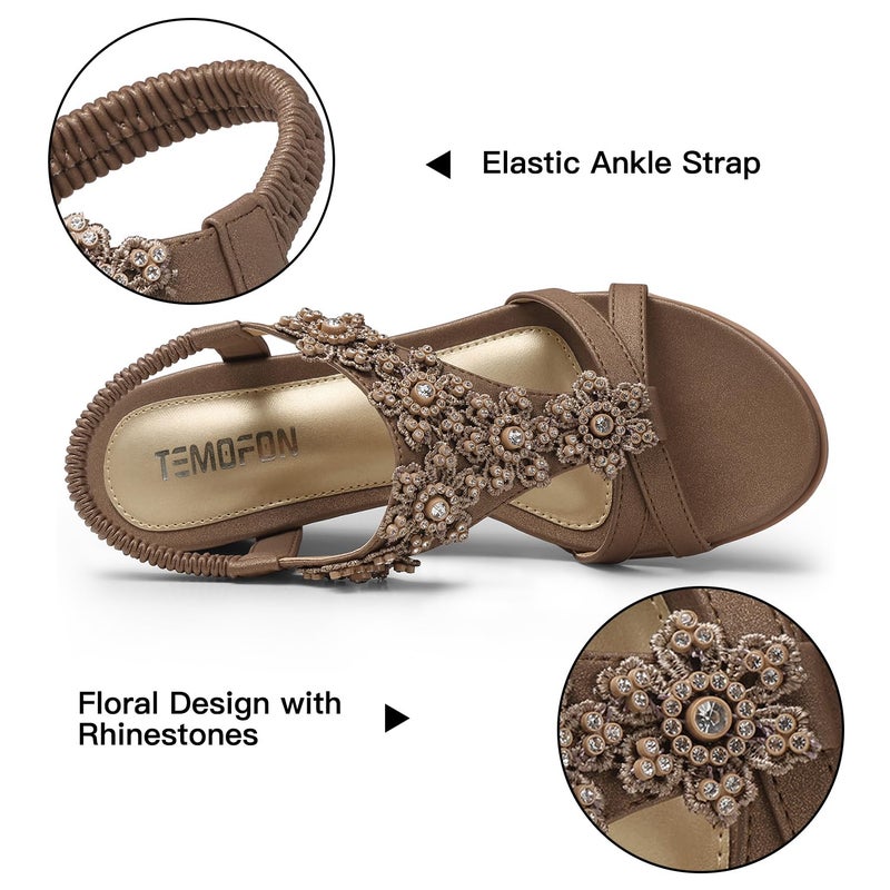 TEMOFON Women's Low Wedge Heels Summer Dressy Platform Sandals Elastic Ankle Strap Open Toe Shoes Bronze/Brown Size 7 - Image 4