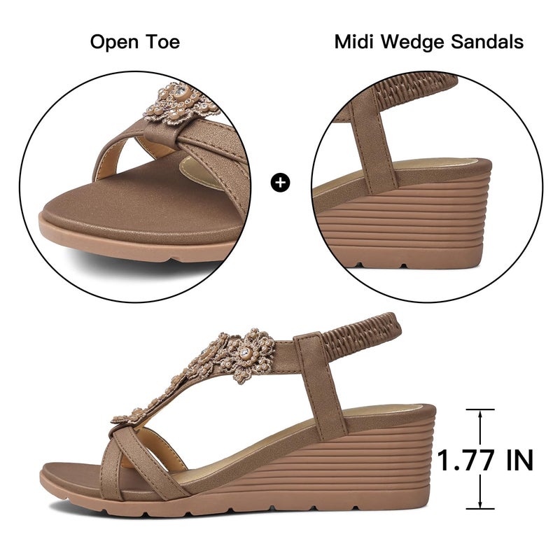 TEMOFON Women's Low Wedge Heels Summer Dressy Platform Sandals Elastic Ankle Strap Open Toe Shoes Bronze/Brown Size 7 - Image 5