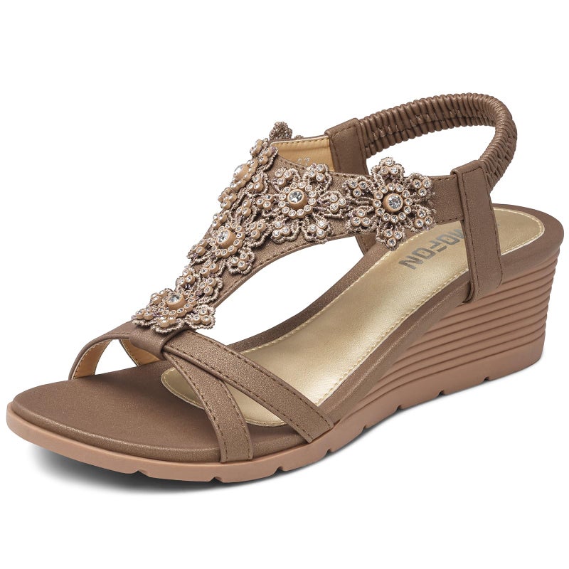 TEMOFON Women's Low Wedge Heels Summer Dressy Platform Sandals Elastic Ankle Strap Open Toe Shoes Bronze/Brown Size 7 - Image 1