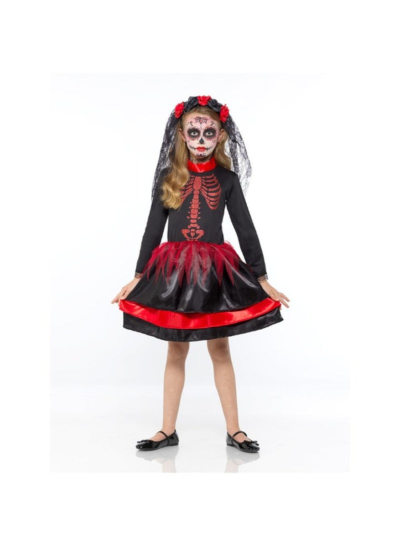 MAD TOYS Red Day Of The Dead Senorita Kids Halloween Dress Up Costume  - Image 1