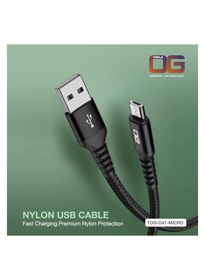 أوه جي كابل شاحن USB من النوع A إلى Micro كابل شحن سريع مجدول من النايلون ومزامنة بيانات الهاتف المحمول متوافق مع Samsung وXiaomi وSony وNokia وGalaxy وNexus وNote وLG وPS4 و1M، أسود - Image 2