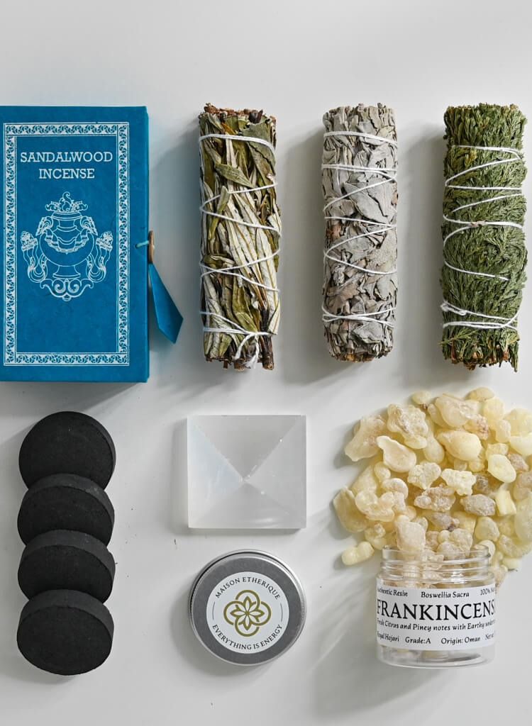 MAISON ETHERIQUE Home Blessing Kit: White Sage, Cedar, Yerba Santa, Frankincense, Sandalwood Incense, Selenite Crystal - Purify and Harmonize Your Space - Image 1
