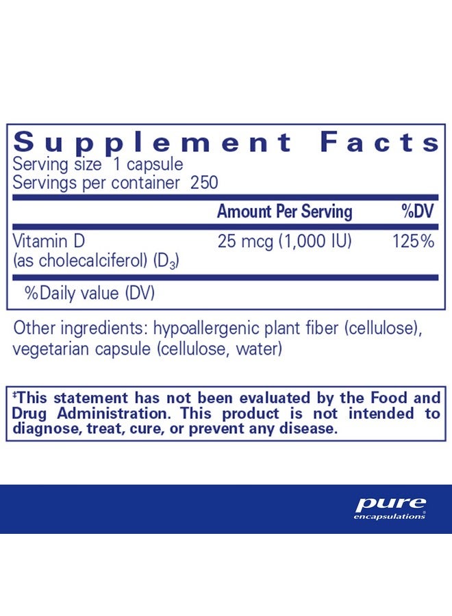 Pure Encapsulations Vitamin D3 25 mcg (1,000 IU) - Supplement to Support Bone, Joint, Breast, Heart, Colon & Immune Health - with Premium Vitamin D - 250 Capsules - Image 2