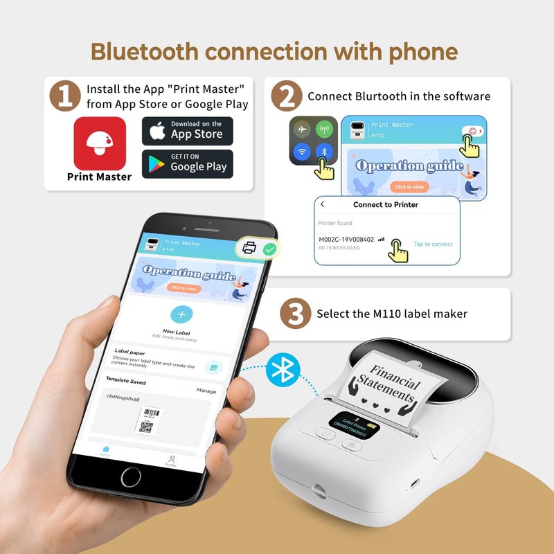 Memoqueen Label Maker Machine M110 Portable Thermal Label Printer with Screen for Storage, Shipping, Barcode, Office, Home, Mini Sticker Printer for Arabic & English Multiple Templates with Label Paper, White - Image 4