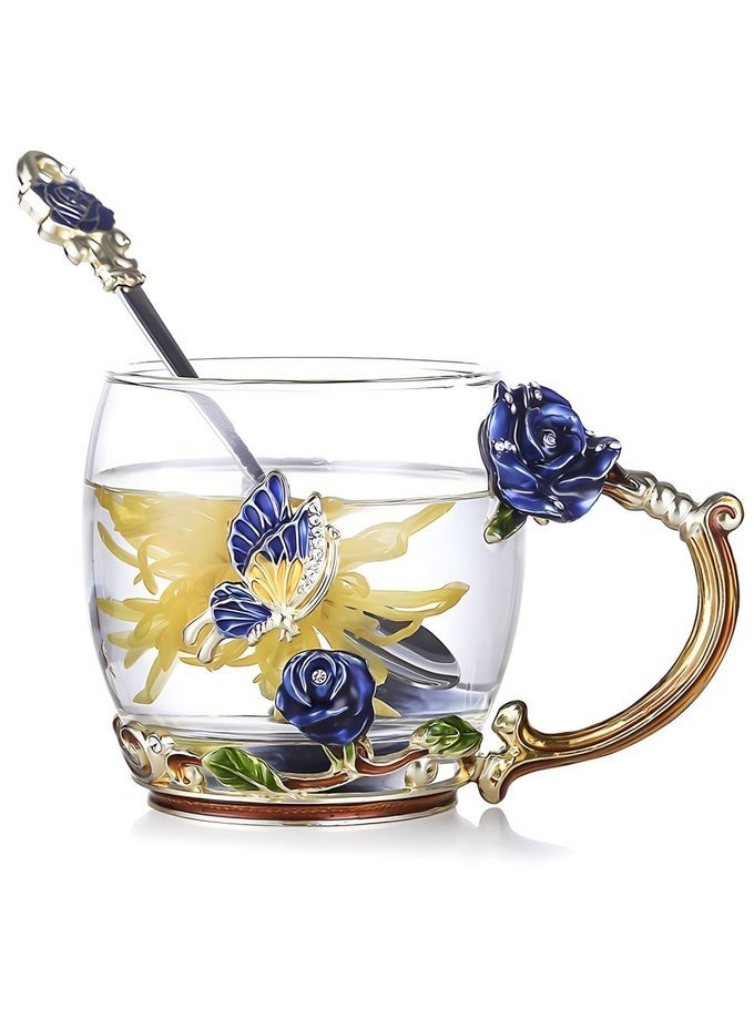 ENAMELS BUTTERFLY FLOWER LEAD-FREE GLASS COFFEE MUGS TEA CUP WITH STEEL SPOON, PERSONALISED GIFTS FOR WOMEN WIFE MOM FRIENDS BIRTHDAY MOTHERS DAY WEDDING