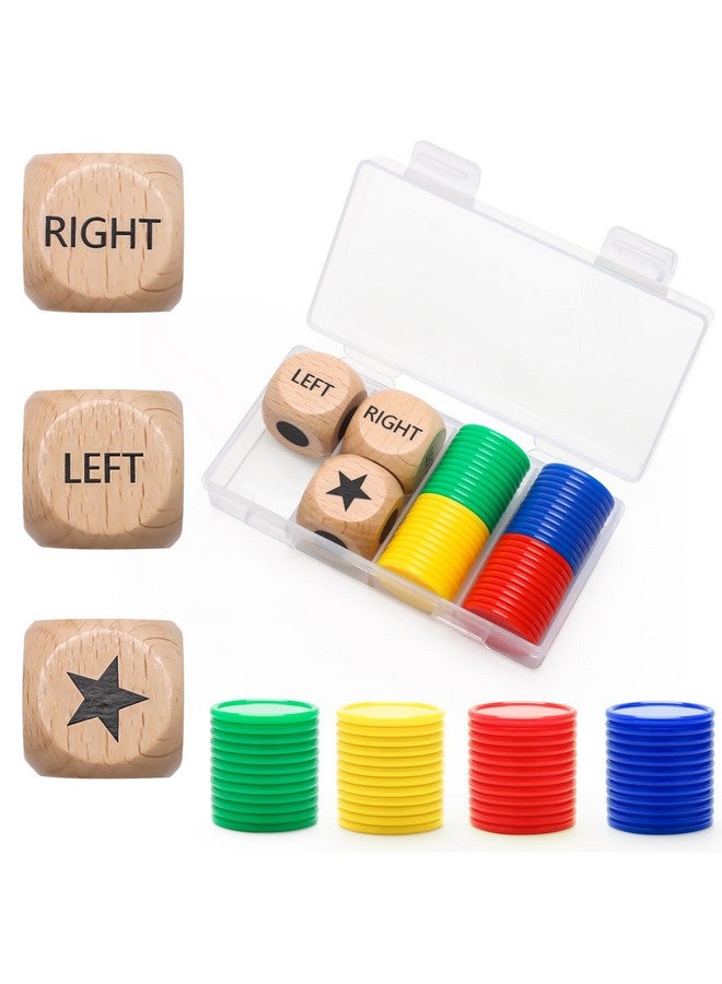 Luxiv 3+48 Pcs Left Right Center Game Dice, Luxiv 3Pcs Wood Left Right Center Game Dice with 48Pcs 4 Color Chips, Storage Boxs - Image 1