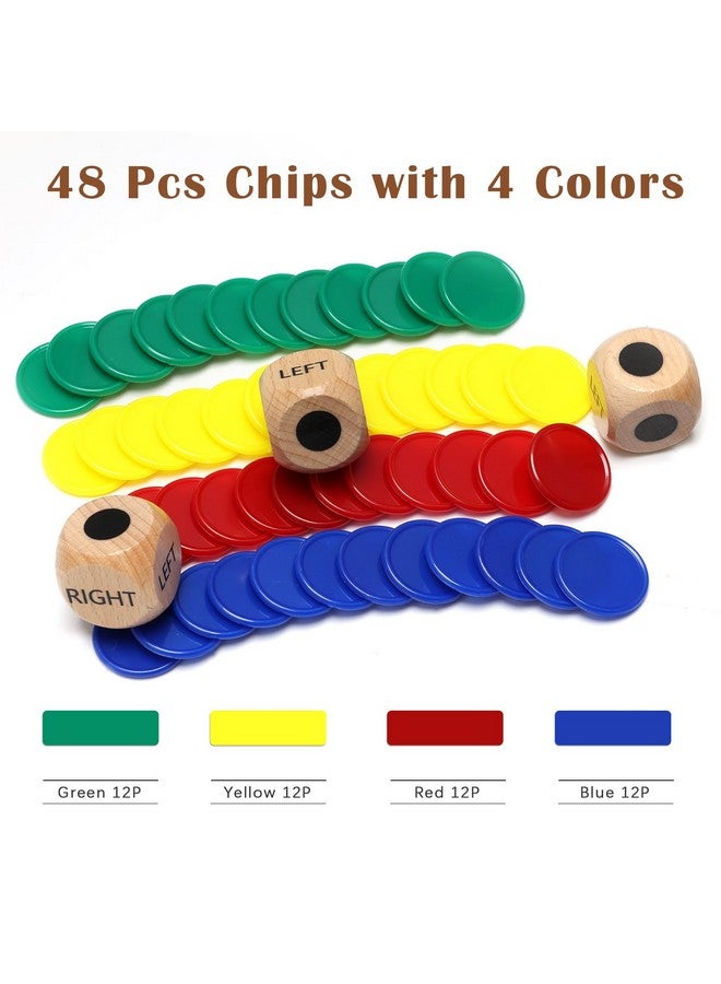 Luxiv 3+48 Pcs Left Right Center Game Dice, Luxiv 3Pcs Wood Left Right Center Game Dice with 48Pcs 4 Color Chips, Storage Boxs - Image 4