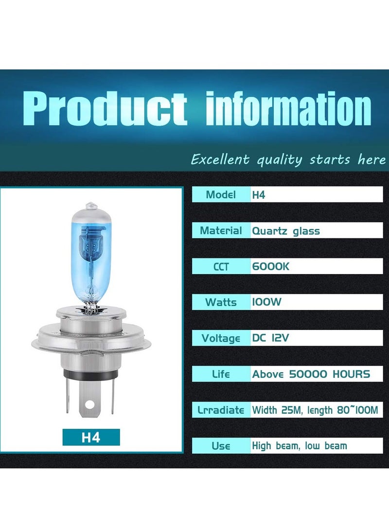لمبات المصابيح الأمامية LED H4 فائقة السطوع، 100 وات 6000 كلفن بيضاء، قابلة للتعديل بزاوية 360 درجة، توصيل وتشغيل، عبوة من 4 قطع - بديل لمصباح الضباب هالوجين زينون عالي الطاقة