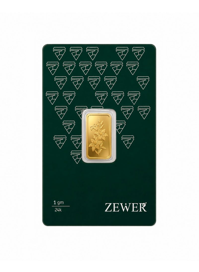 Zewer 1g 24K 999.9 Fine Gold Bar with Floral Design - Image 2