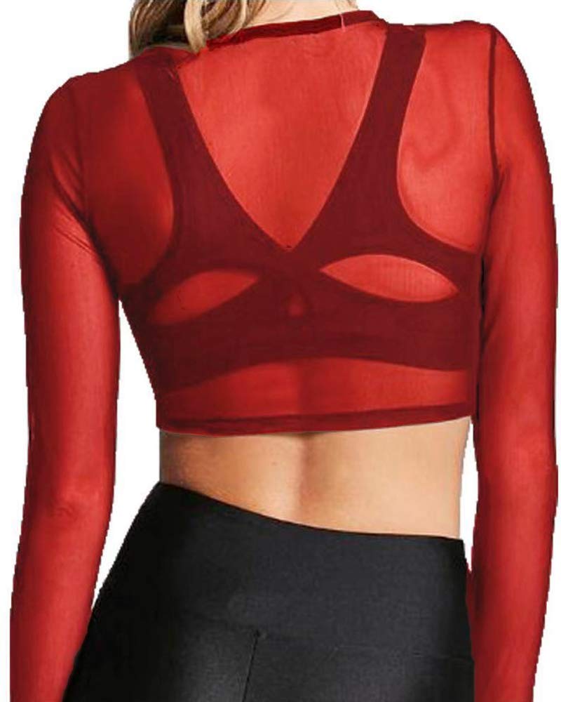 BelleLovin Women's Sheer Mesh Long Sleeve Crop Top Sexy Tee Blouse (Red, Small) - Image 5