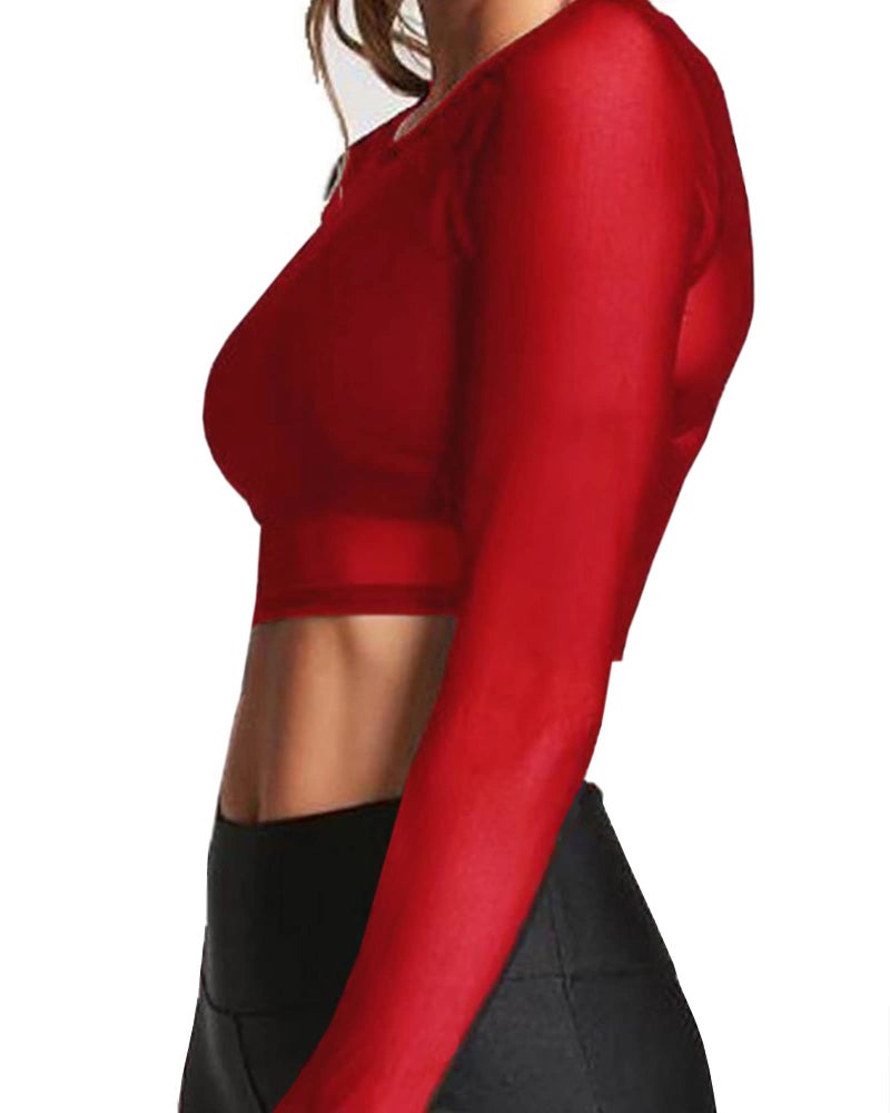BelleLovin Women's Sheer Mesh Long Sleeve Crop Top Sexy Tee Blouse (Red, Small) - Image 2