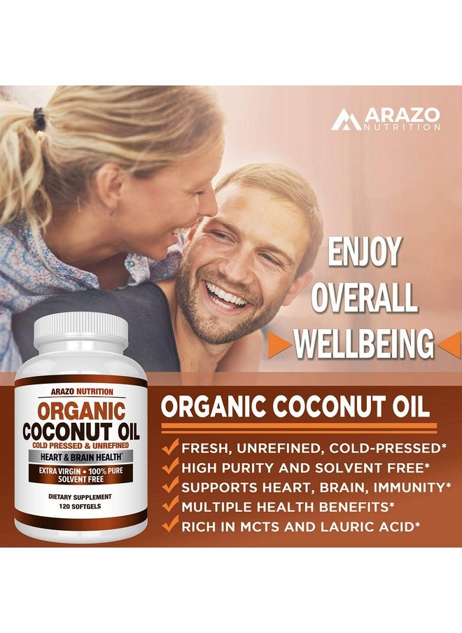 Arazo Nutrition Organic Coconut Oil 2000Mg 100% Extra Virgin Cold Pressed For Weight Support Skin Hair Nails 120 Softgel Capsules  - Image 5