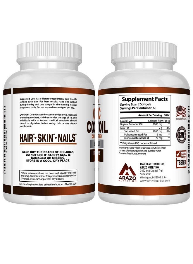 Arazo Nutrition Organic Coconut Oil 2000Mg 100% Extra Virgin Cold Pressed For Weight Support Skin Hair Nails 120 Softgel Capsules  - Image 4