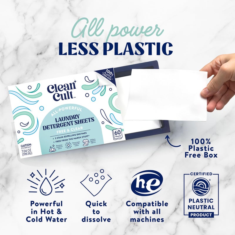 Cleancult Laundry Detergent Sheets - Resealable Box - 3 Stain Fighting Enzymes - Fragrance Free - 60 Loads - Free of Harsh Chemicals - No Mess - No Plastic Waste - Image 3