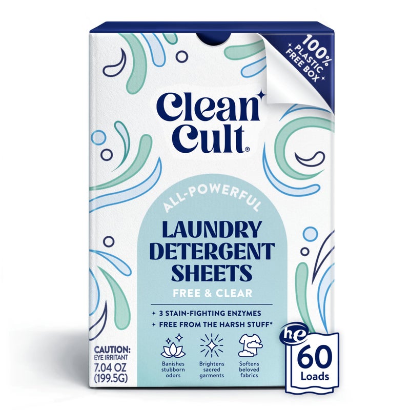 Cleancult Laundry Detergent Sheets - Resealable Box - 3 Stain Fighting Enzymes - Fragrance Free - 60 Loads - Free of Harsh Chemicals - No Mess - No Plastic Waste - Image 1