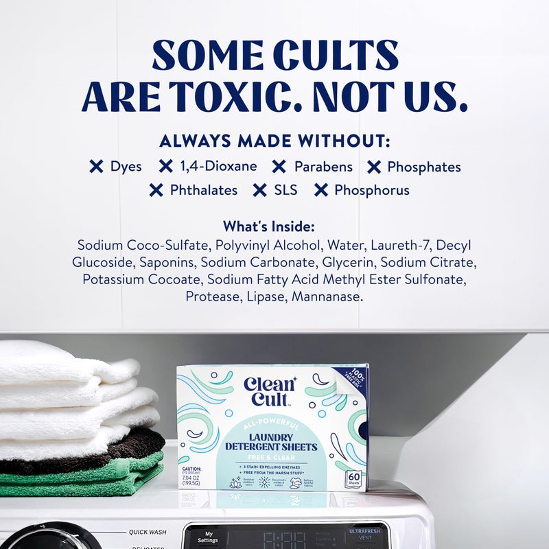Cleancult Laundry Detergent Sheets - Resealable Box - 3 Stain Fighting Enzymes - Fragrance Free - 60 Loads - Free of Harsh Chemicals - No Mess - No Plastic Waste - Image 5