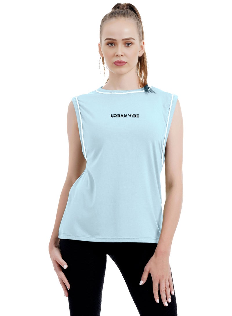 Selecta Now Ladies Sleeveless Cotton T-Shirt Sky Blue Breathable Contrast Piping Tank Top Soft Stretchable Women’s T Shirt  - Image 1