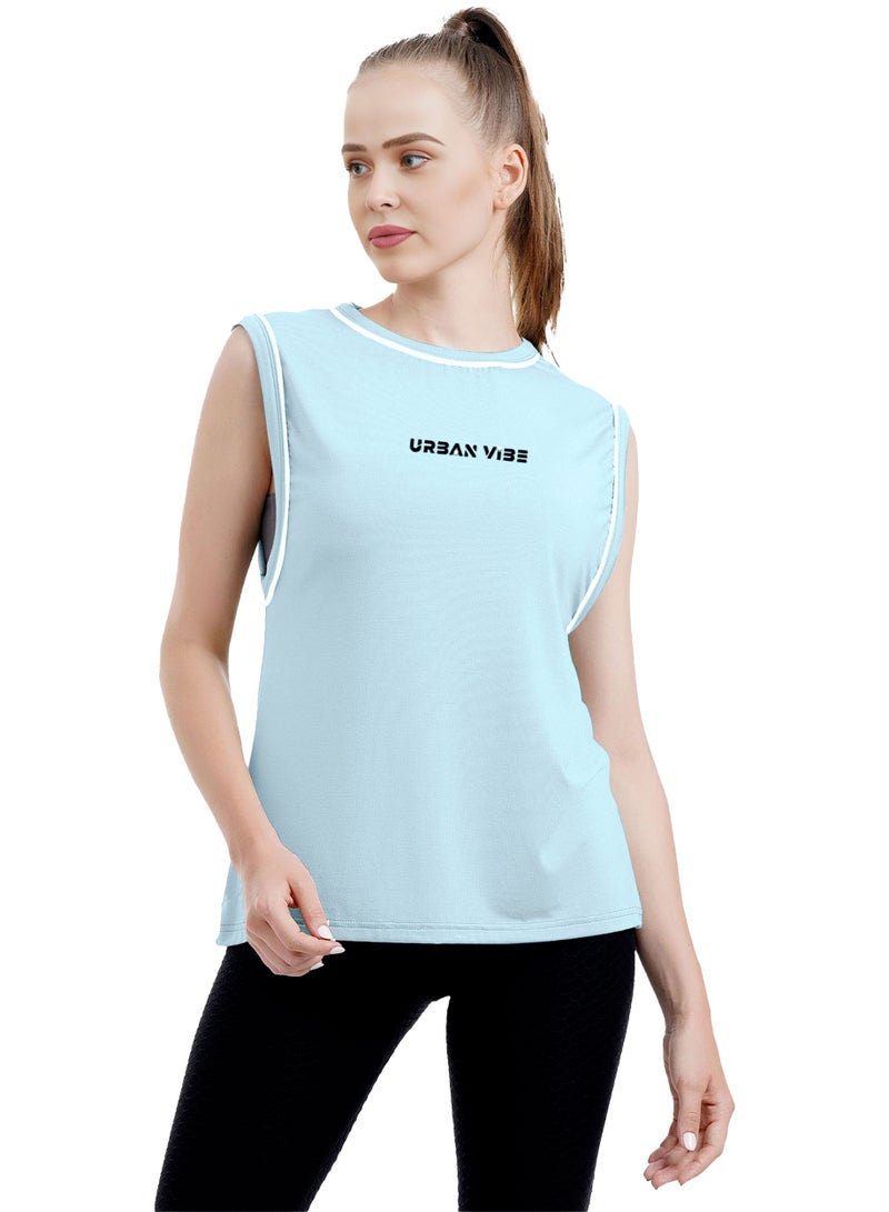 Selecta Now Ladies Sleeveless Cotton T-Shirt Sky Blue Breathable Contrast Piping Tank Top Soft Stretchable Women’s T Shirt  - Image 3